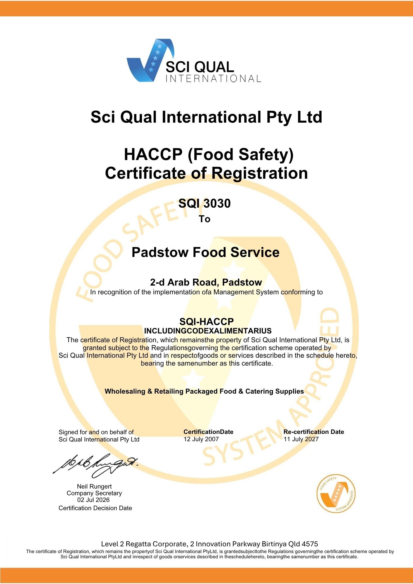 Padstow Food Service HACCP Certificate